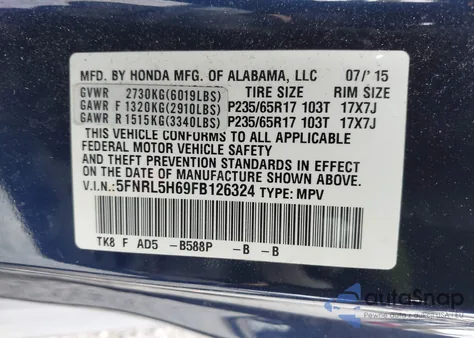 2015 Honda Odyssey Ex-L из США, поврежденный, VIN 5FNRL5H69FB126324